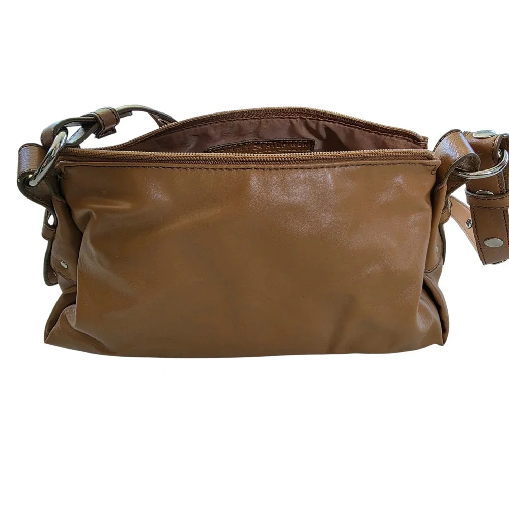 Tommy Hilfiger Tan Faux Leather Grommet Strap Shoulder Bag Slouchy Hobo Brown